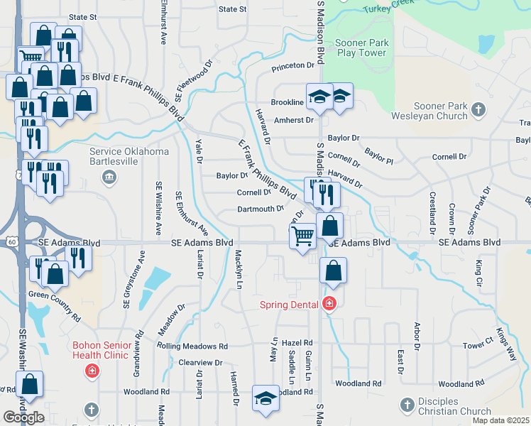 map of restaurants, bars, coffee shops, grocery stores, and more near 4757 Dartmouth Drive in Bartlesville