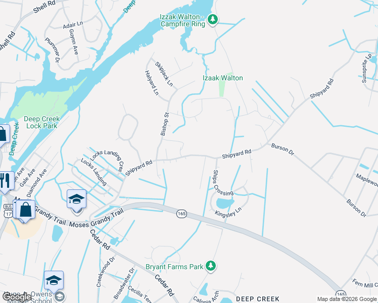map of restaurants, bars, coffee shops, grocery stores, and more near 2232 Shipyard Road in Chesapeake