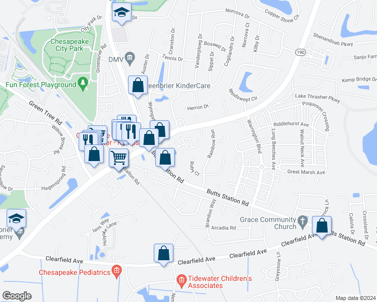 map of restaurants, bars, coffee shops, grocery stores, and more near 521 Track Crossing in Chesapeake