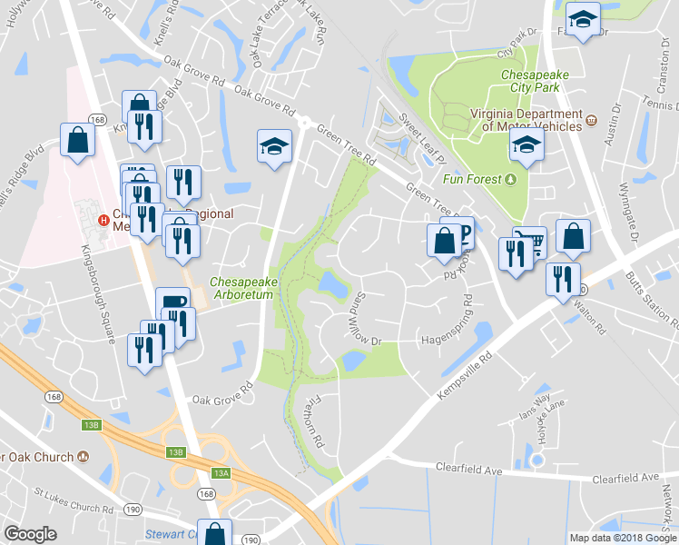 map of restaurants, bars, coffee shops, grocery stores, and more near 636 Hidden Falls Lane in Chesapeake