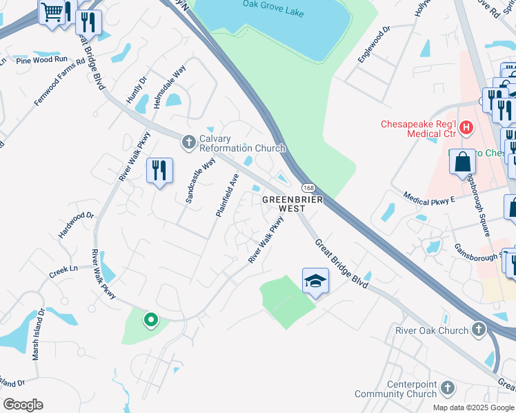 map of restaurants, bars, coffee shops, grocery stores, and more near 1710 Willow Point Arch in Chesapeake