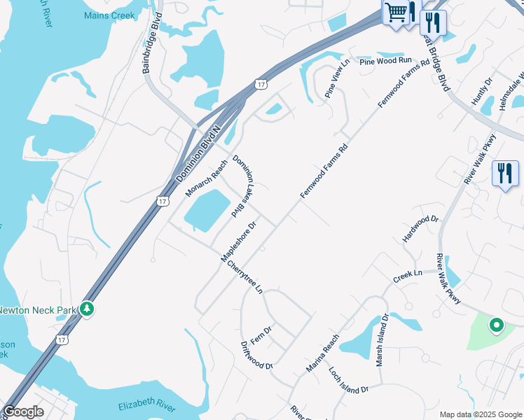 map of restaurants, bars, coffee shops, grocery stores, and more near 1213 Spruce Lane in Chesapeake