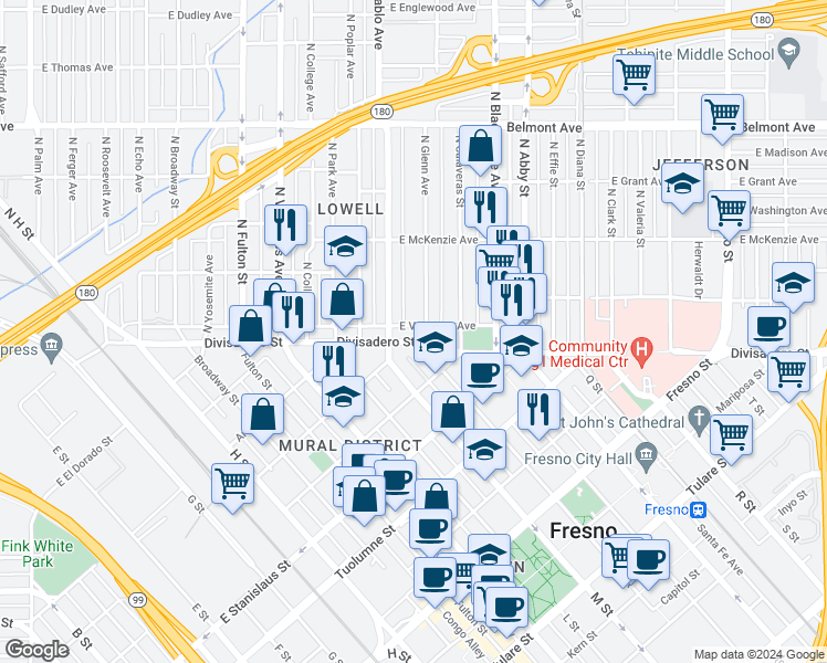 map of restaurants, bars, coffee shops, grocery stores, and more near 1441 Divisadero St in Fresno