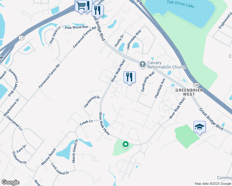 map of restaurants, bars, coffee shops, grocery stores, and more near 705 Nottoway River Court in Chesapeake