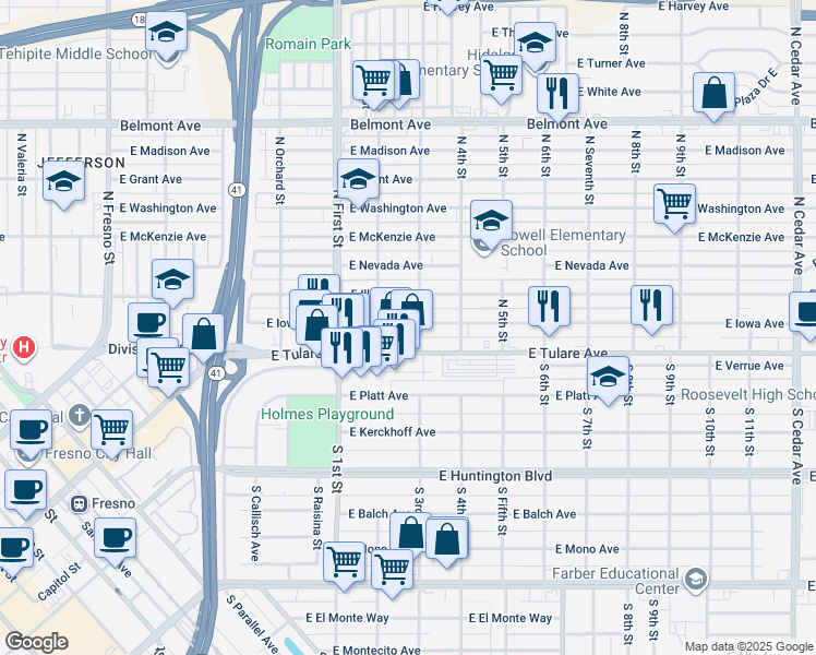 map of restaurants, bars, coffee shops, grocery stores, and more near 3238 East Iowa Avenue in Fresno