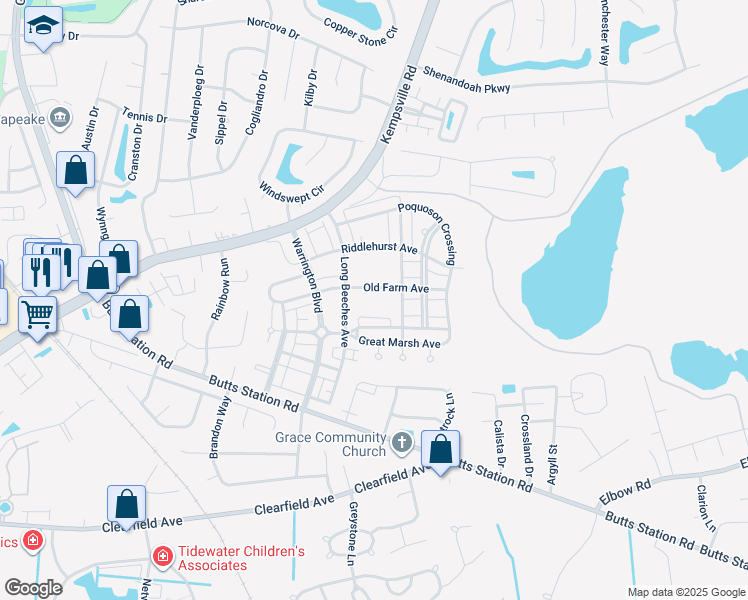 map of restaurants, bars, coffee shops, grocery stores, and more near 809 Old Farm Avenue in Chesapeake