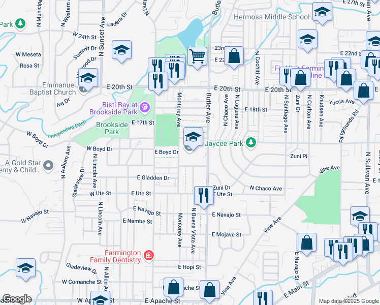 map of restaurants, bars, coffee shops, grocery stores, and more near 1201 North Butler Avenue in Farmington