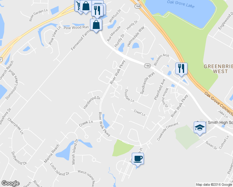 map of restaurants, bars, coffee shops, grocery stores, and more near 704 Shenandoah River Road in Chesapeake