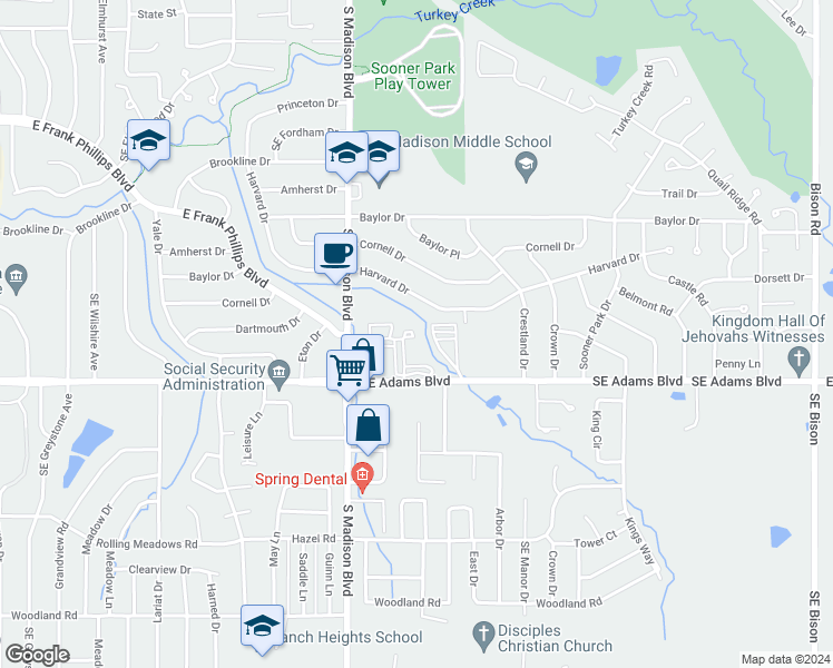 map of restaurants, bars, coffee shops, grocery stores, and more near 18 Colony Way in Bartlesville