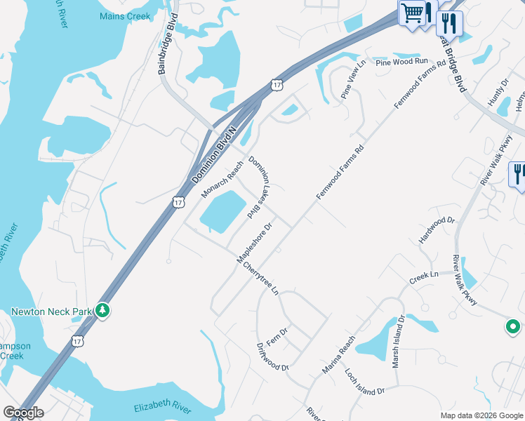 map of restaurants, bars, coffee shops, grocery stores, and more near 1317 Dominion Lakes Boulevard in Chesapeake