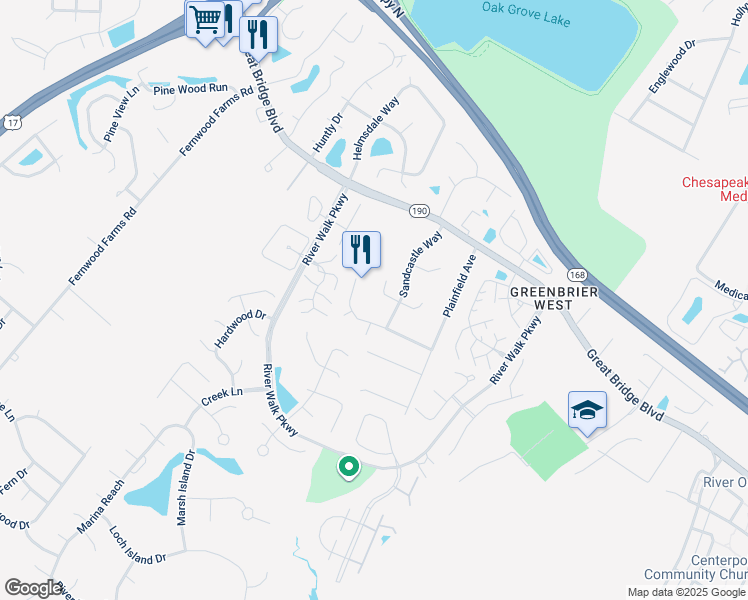 map of restaurants, bars, coffee shops, grocery stores, and more near 809 Shipton Court in Chesapeake