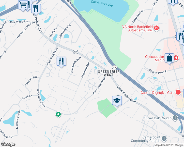 map of restaurants, bars, coffee shops, grocery stores, and more near 507 Plainfield Avenue in Chesapeake