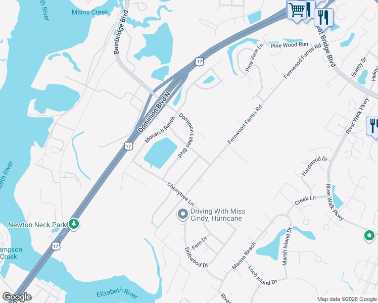 map of restaurants, bars, coffee shops, grocery stores, and more near 1317 Dominion Lakes Boulevard in Chesapeake
