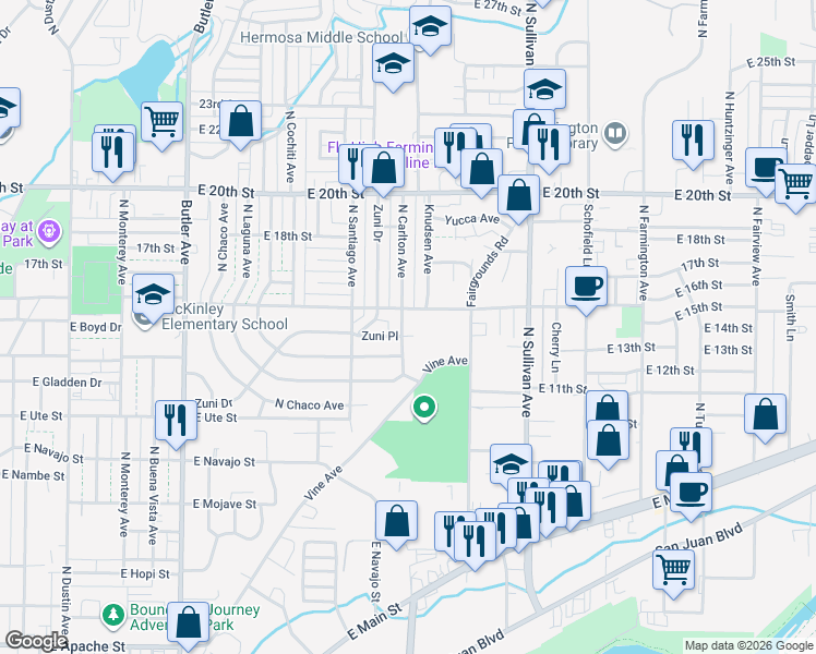 map of restaurants, bars, coffee shops, grocery stores, and more near 1402 North Carlton Avenue in Farmington