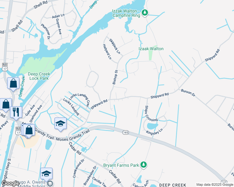 map of restaurants, bars, coffee shops, grocery stores, and more near 2260A Shipyard Road in Chesapeake