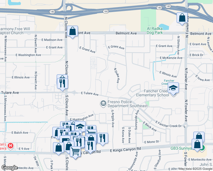 map of restaurants, bars, coffee shops, grocery stores, and more near 161 North Argyle Avenue in Fresno