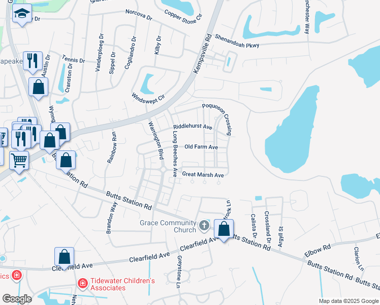 map of restaurants, bars, coffee shops, grocery stores, and more near 809 Old Farm Avenue in Chesapeake