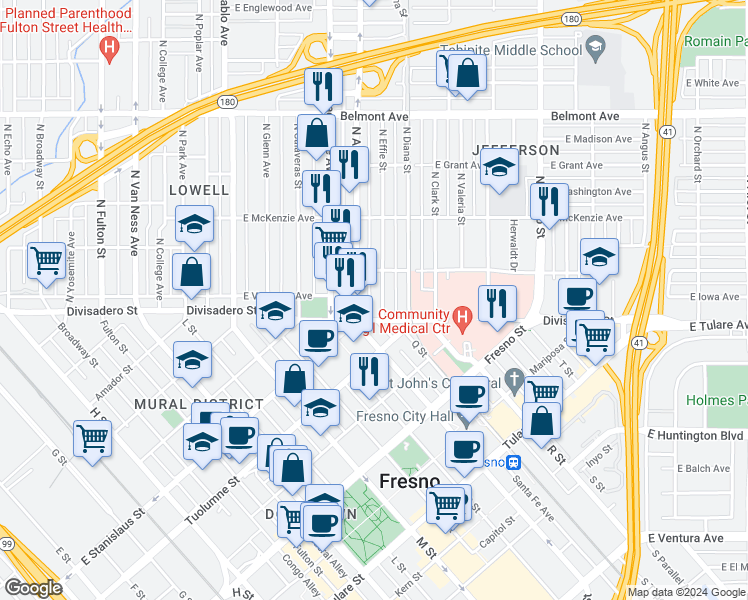 map of restaurants, bars, coffee shops, grocery stores, and more near 131 North Effie Street in Fresno