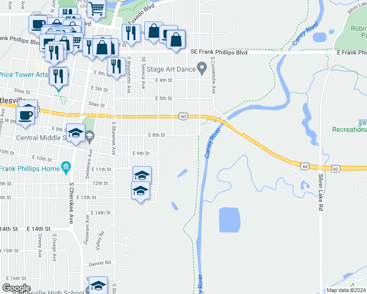 map of restaurants, bars, coffee shops, grocery stores, and more near 817 South Creek Avenue in Bartlesville