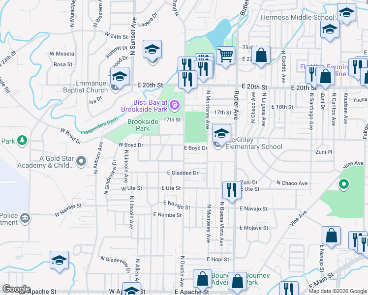 map of restaurants, bars, coffee shops, grocery stores, and more near East Boyd Drive in Farmington