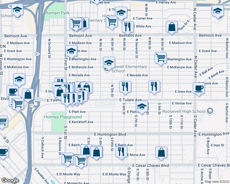 map of restaurants, bars, coffee shops, grocery stores, and more near 3504b East Iowa Avenue in Fresno