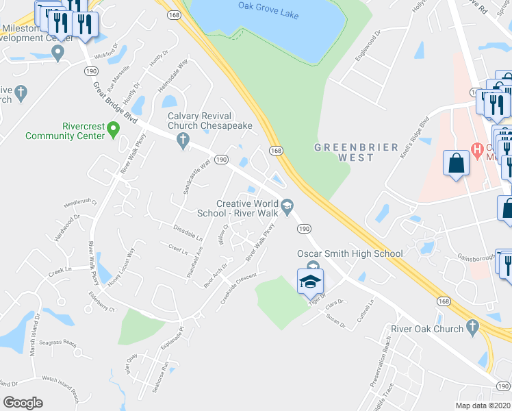 map of restaurants, bars, coffee shops, grocery stores, and more near 1714 Willow Point Arch in Chesapeake