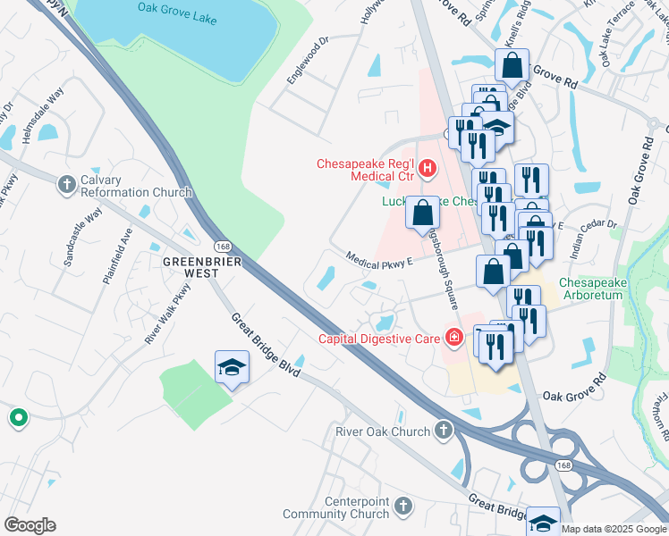 map of restaurants, bars, coffee shops, grocery stores, and more near 728 Tapestry Park Loop in Chesapeake