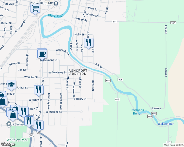 map of restaurants, bars, coffee shops, grocery stores, and more near 1603 Saxon Street in Poplar Bluff