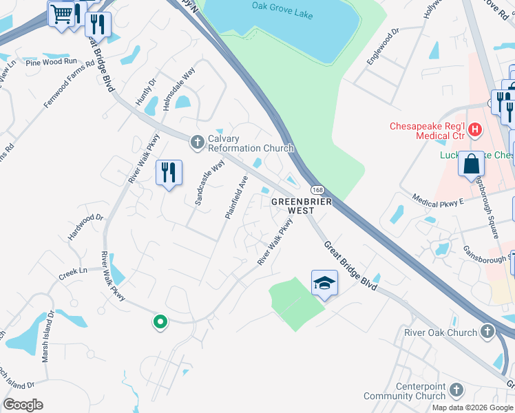 map of restaurants, bars, coffee shops, grocery stores, and more near 1408 Loose Strife Place in Chesapeake