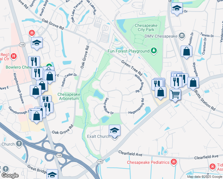 map of restaurants, bars, coffee shops, grocery stores, and more near 627 Hidden Falls Lane in Chesapeake