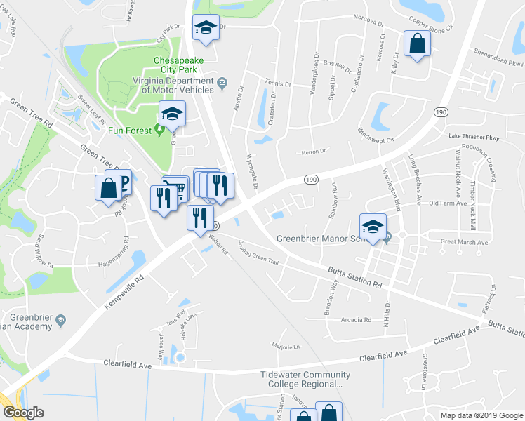 map of restaurants, bars, coffee shops, grocery stores, and more near 616 Station Square Court in Chesapeake
