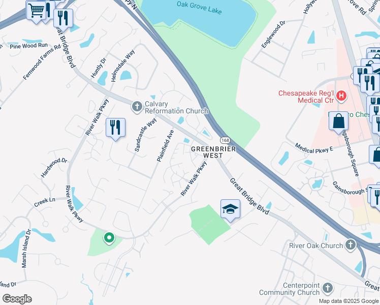 map of restaurants, bars, coffee shops, grocery stores, and more near 1710 Willow Point Arch in Chesapeake