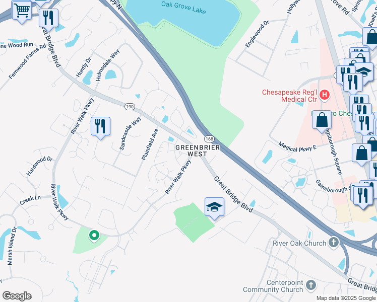 map of restaurants, bars, coffee shops, grocery stores, and more near 2312 Sand Willow Court in Chesapeake