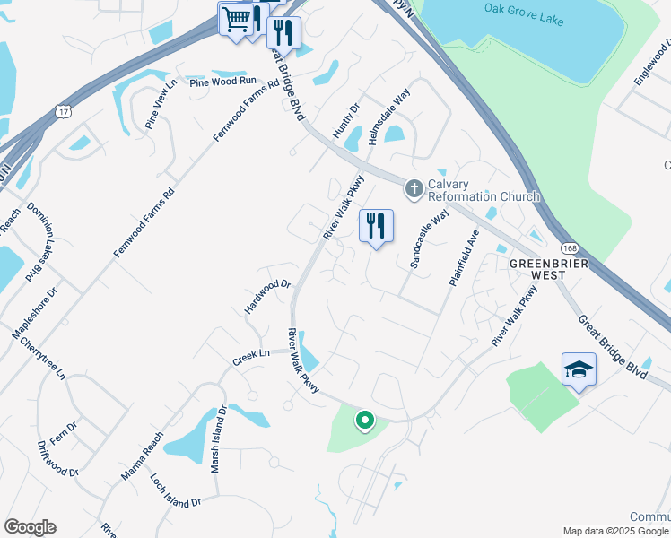 map of restaurants, bars, coffee shops, grocery stores, and more near 704 Shenandoah River Road in Chesapeake