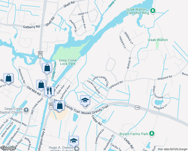 map of restaurants, bars, coffee shops, grocery stores, and more near 2233 Locks Landing Crescent in Chesapeake