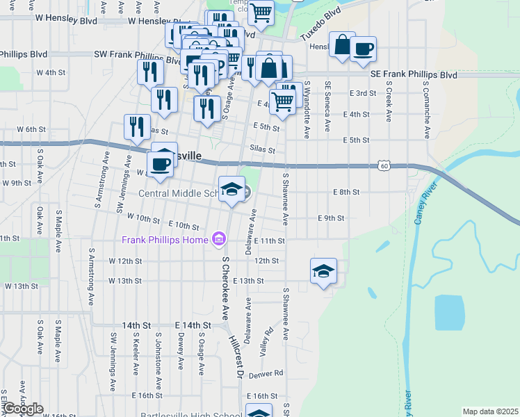 map of restaurants, bars, coffee shops, grocery stores, and more near 816 Delaware Avenue in Bartlesville