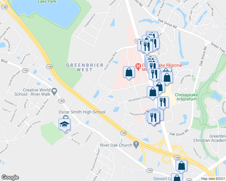 map of restaurants, bars, coffee shops, grocery stores, and more near 417 Tapestry Park Loop in Chesapeake