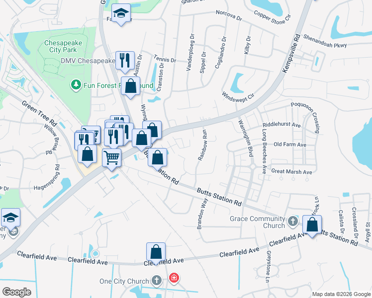 map of restaurants, bars, coffee shops, grocery stores, and more near 511 Track Crossing in Chesapeake