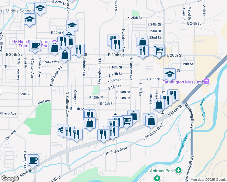 map of restaurants, bars, coffee shops, grocery stores, and more near 1401 North Tucker Avenue in Farmington