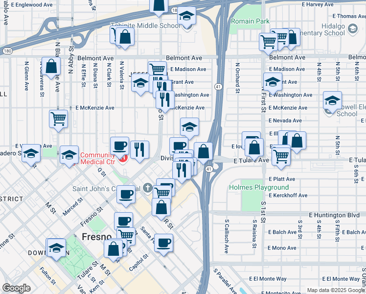 map of restaurants, bars, coffee shops, grocery stores, and more near 135 North Mariposa Street in Fresno
