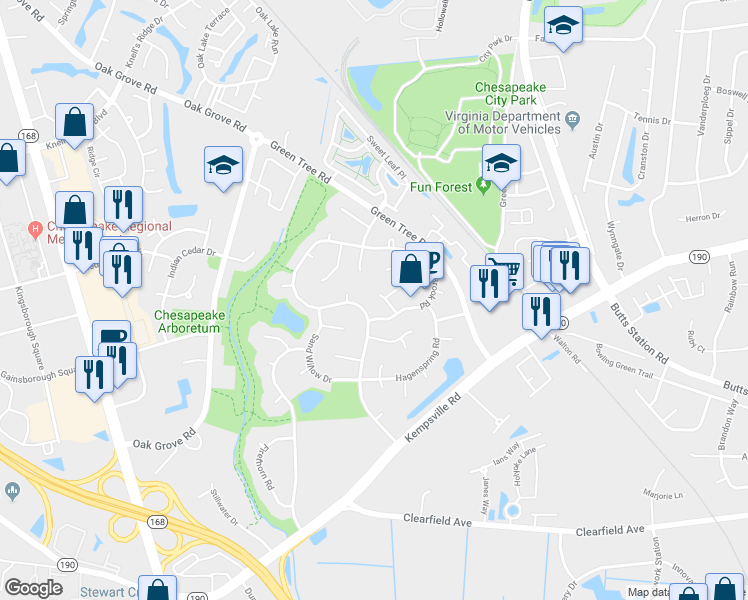 map of restaurants, bars, coffee shops, grocery stores, and more near 912 Brookcrest Arch in Chesapeake