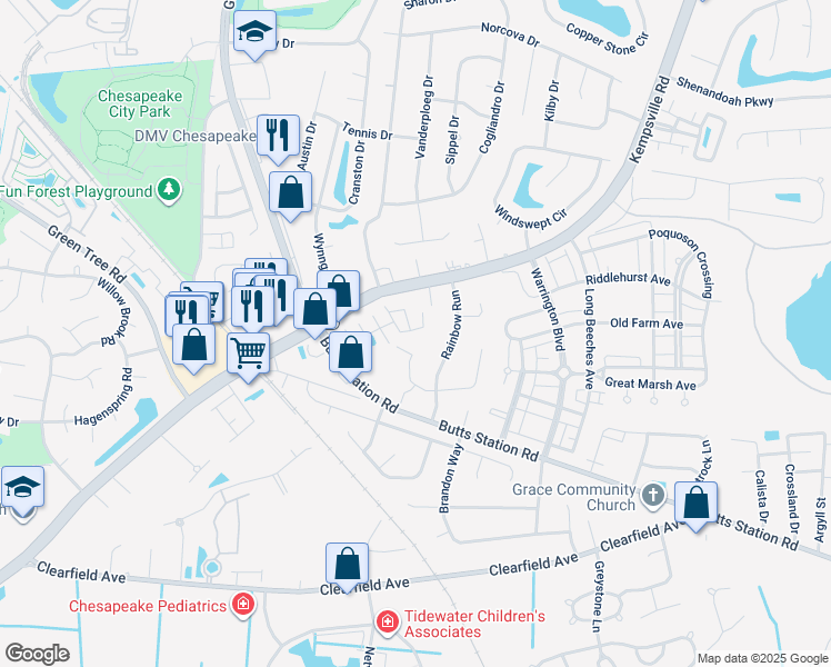 map of restaurants, bars, coffee shops, grocery stores, and more near 509 Track Crossing in Chesapeake