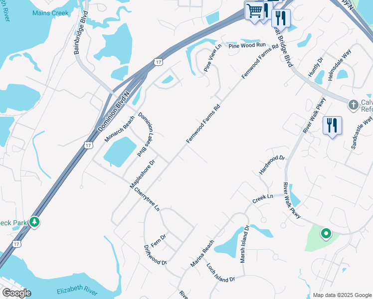 map of restaurants, bars, coffee shops, grocery stores, and more near 821 Fernbridge Place in Chesapeake