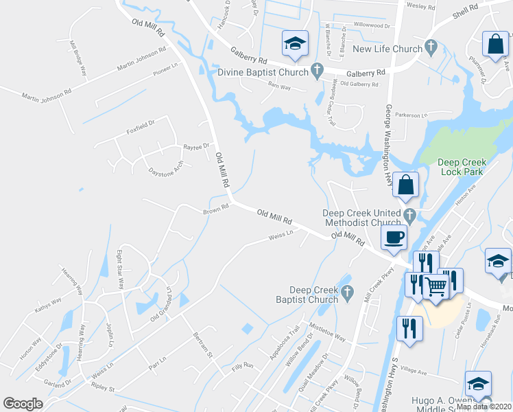 map of restaurants, bars, coffee shops, grocery stores, and more near 3236 Old Mill Road in Chesapeake