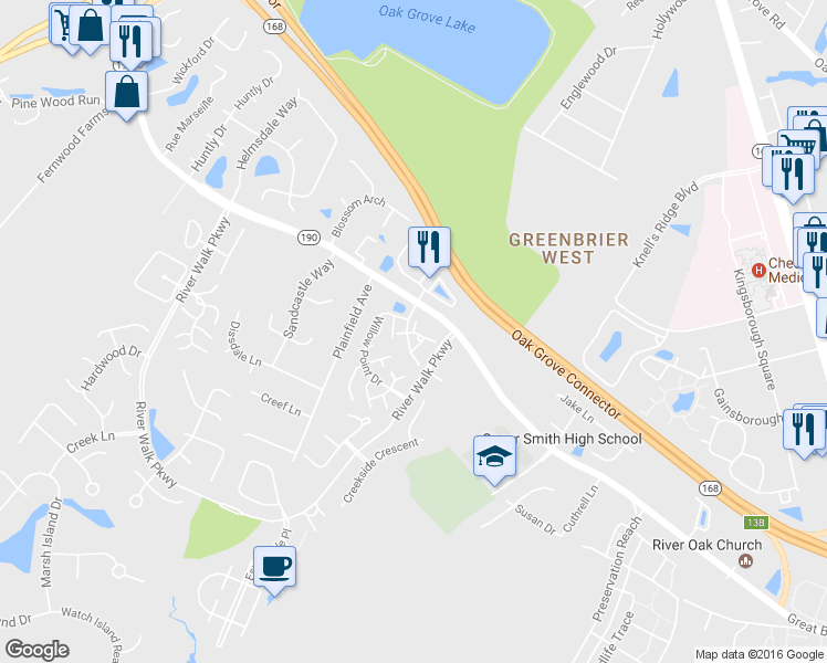 map of restaurants, bars, coffee shops, grocery stores, and more near 2406 Willow Point Arch in Chesapeake