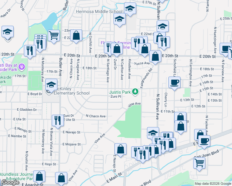 map of restaurants, bars, coffee shops, grocery stores, and more near 1300 Zuni Place in Farmington