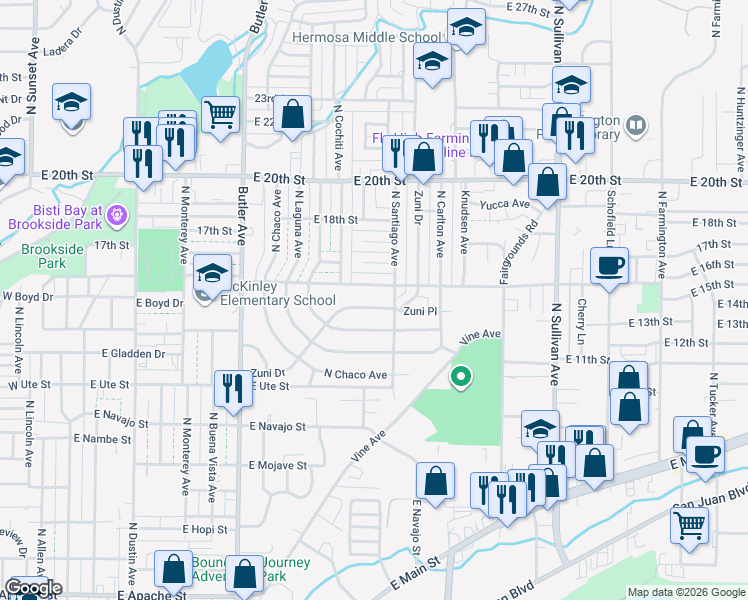map of restaurants, bars, coffee shops, grocery stores, and more near 1028 Zuni Drive in Farmington