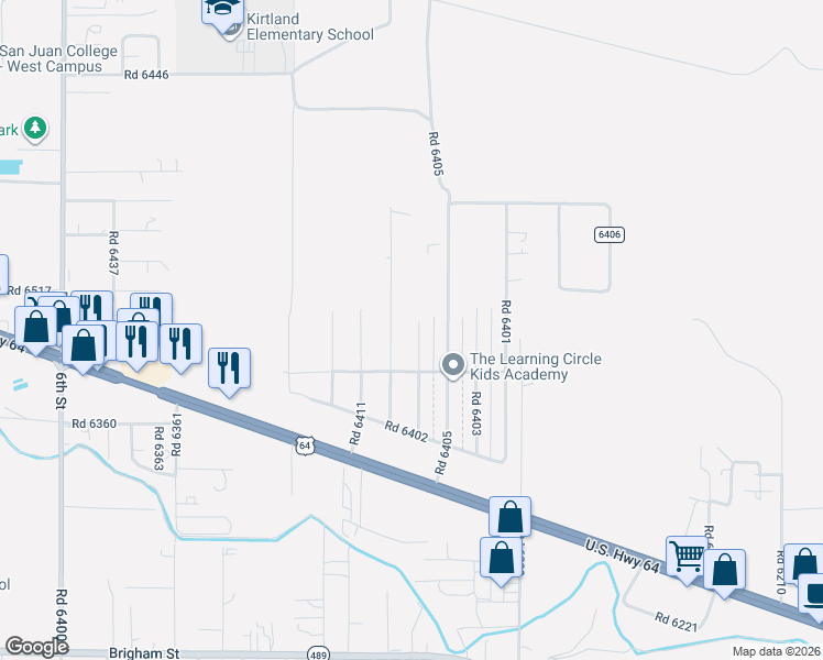 map of restaurants, bars, coffee shops, grocery stores, and more near 28 Road 6409 in Kirtland
