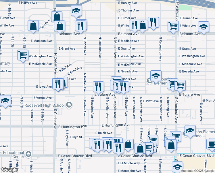 map of restaurants, bars, coffee shops, grocery stores, and more near 4580 East Iowa Avenue in Fresno