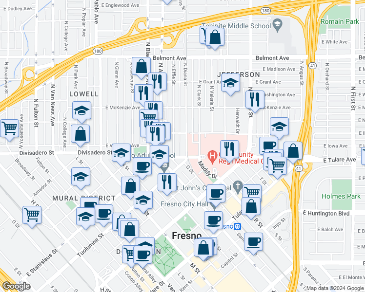 map of restaurants, bars, coffee shops, grocery stores, and more near 147 North Diana Street in Fresno